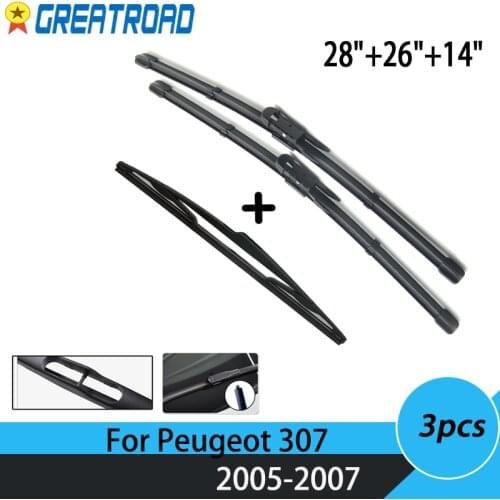 Wiper Front & Rear Wiper Blades Set For Peugeot 307 2005 2006 2007 Windshield Windscreen Front Rear Window 28"+26"+14"