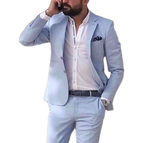 Sky Blue Linen Beach Men Suits 2021 Summer 2 Piece Slim Fit Groom Tuxedo for Wedding New Male Fashion Jacket with Pants