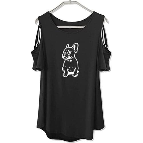 New Summer French Bulldog T Shirt Women Short Sleeve Girls Tshirt Lovely Dog T-shirt Female Tops Off The Shoulder Hollow Tee