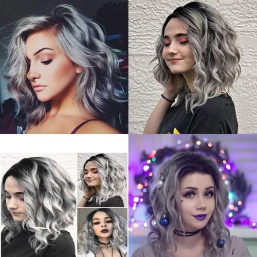 Ombre Bob 1B Silver Gray Lace Front Wig Short Wave Hair Dark Root High Density Synthetic Shoulder Length Wigs for Women 14 Inch