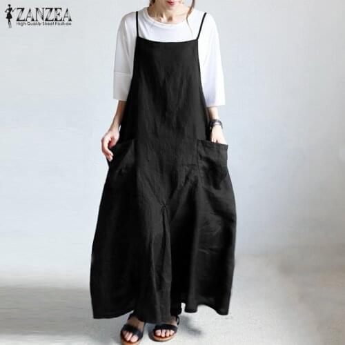 ZANZEA Summer Overalls Dress Women Strappy Solid Cotton Linen Dress Casual Sarafans Oversized Long Maxi Vestido Robe