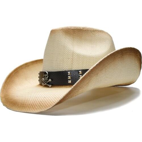 LUCKYLIANJI Retro Beige Summer Fashion Women Mens Wide Brim Straw Beach Cowboy Cowgirl Western Hat Skull Leather Band 58cm