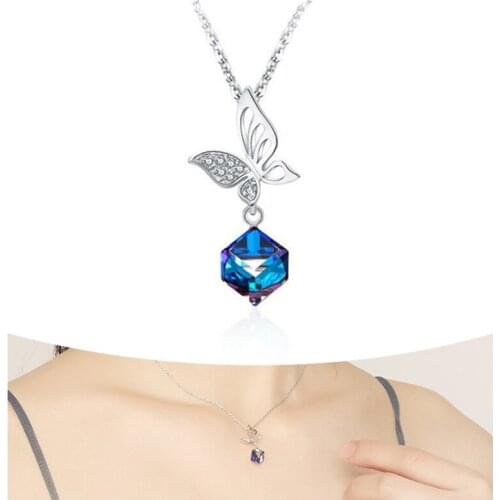 Charms Aurora Blue Crystal Square Pendant Necklace Lady Choker Accessories Cute Butterfly Necklace Silver Plated Women Jewelry