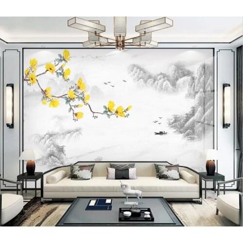 Custom wallpaper New Chinese artistic landscape marble Magnolia Living room sofa TV Background wall decoration mural 3d wallpape