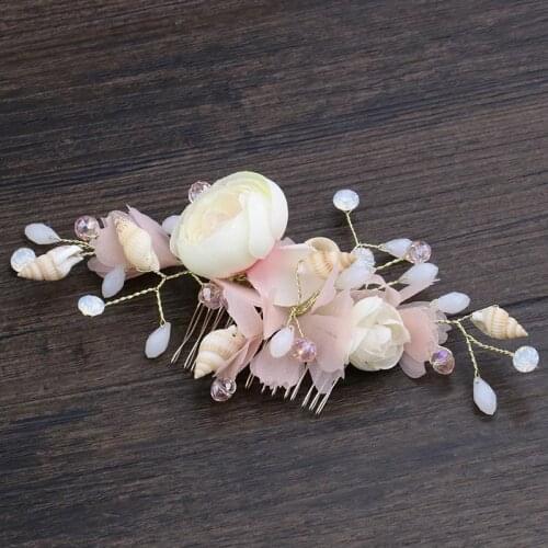 Popular Bride Pink Flower Hair Combs Bridesmaid Cloth Floral Shells Jewelry Accessories Wedding Women Headpiece LB