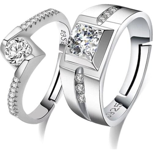 925 sterling silver romantic shiny crystal lovers`wedding couple adjustable women rings finger ring wholesale jewelry men gift