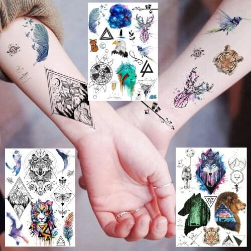 Body Art Painting Temporary Tattoos Sticker For Daughter Son Fake Geometry Wolf Tiger Dreamcatcher Tattoos Paper For Men Women