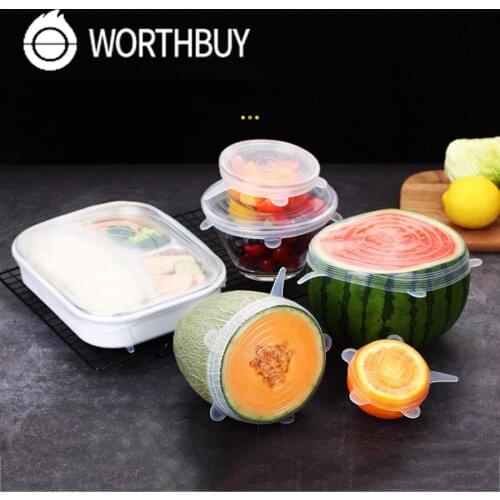 WORTHBUY 6 Pcs/ Set Baby Care Milk Powder Food Cover Reusable Silicone Stretch Lids Caps Cookware Pot Cover Kitchen Accessories