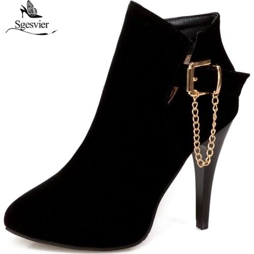 Sgesvier Women Boots High Heels Ankle Boots Short Plush Pointed Toe Motorcycle Boots Fashion Sexy Winter Plus Size 31-50 OX483