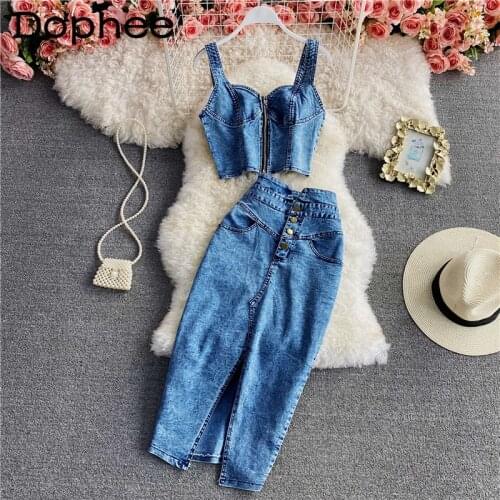 Denim Skirt Suits for Women 2021 Summer Zipper Strap Tube Top Vest+High Waist Split Long Jean Skirt 2-Piece Set Outfits Trendy