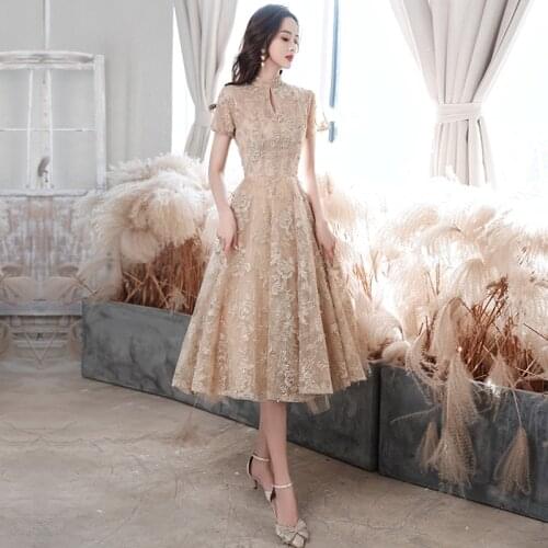 Luxurious High Neck Evening Dress Flowers Embroidery Short Sleeves Empire A-Line Pleat Tea-Length Woman Formal Party Gowns A1261