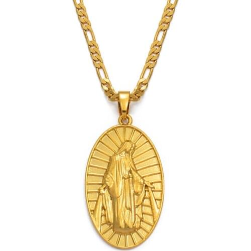 Gold Color Virgin Mary Pendant Necklace for Women Men Our Lady Jewelry Wholesale Colar Cross Trendy Chain #018216