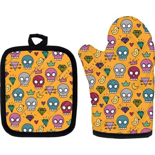 2pcs Kitchen Gloves Insulation Colorful Sugar Skull Pattern Pad Cooking Microwave Gloves Baking BBQ Oven Potholders Oven Mitts