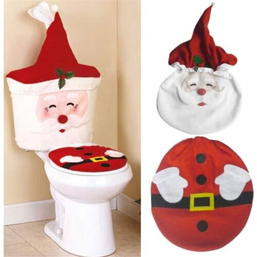 3 PCS/ Set Christmas Decor Toilet Bathroom Set Santa Claus Toilet Seat Cover & Tank Cistern Cover &Toilet Paper Container Cover