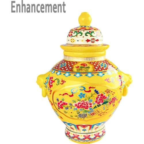 Antique Royal Ceramic Cloisonne Enamel Jar Vase Yellow Glaze Hat-covered Jar Ornament Creative Gift