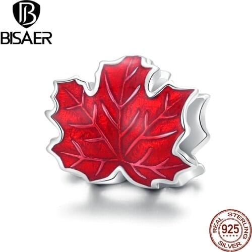 BISAER Maple Leaves Beads 925 Sterling Silver Autumn Romantic Charms Fit Bracelet Necklace Pendant Jewelry Gift EFC335