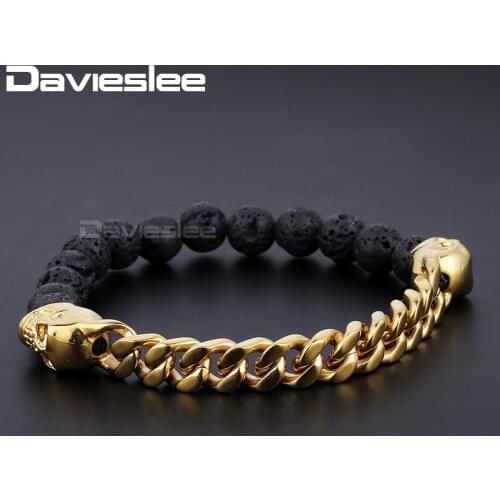 Davieslee Elastic 316L Stainless Steel Bracelet Skull Curb Link Black Lava Rock Stone Bead Chain Mens Womens Jewelry DLHB382