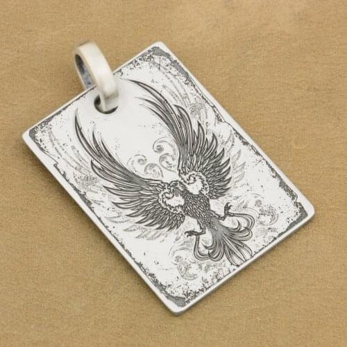 Deep Engraved High Detail 925 Sterling Silver Fire Phoenix Mens Biker Rocker Punk Dog Tag Pendant 9X015