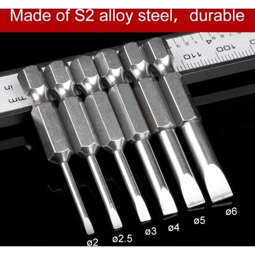 HOEN 6pcs/set 50mm 2.0-6.0 Mm Top Quality Silver S2 Alloy Steel Flat Head Slotted Tip Magnetic Slotted Screwdrivers Bits