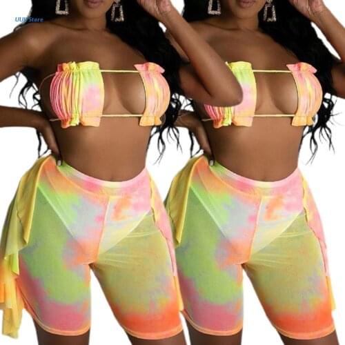 Tie-dye Strappy Flat Angle Bikini Tube Top Bikini Three-piece Suit Beach Swimsui