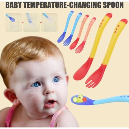 Baby Toddler Temperature Sensing Cutlery Temperature Change Color Feeding Weaning Spoon Fork AN88