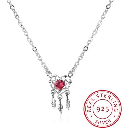 Sweet Red Love Heart 925 Sterling Silver Dream Catcher Necklace For Women Short Clavicle Chain Christmas Gift S-N300