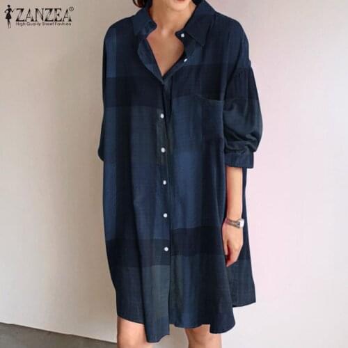 Fashion Grid Printed Long Shirt Dress ZANZEA Women Casual Sundress 2021 Vintage Button Down Vestidos Knee Length Robe