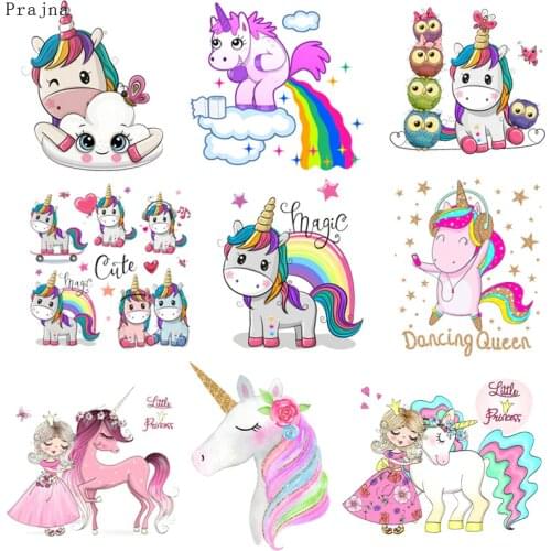 Prajna Unicorn Girl Iron On Transfer For Clothes T-Shirt Heat Transfer Vinyl Transfer Sticker Cartoon Thermal PVC Patch Applique