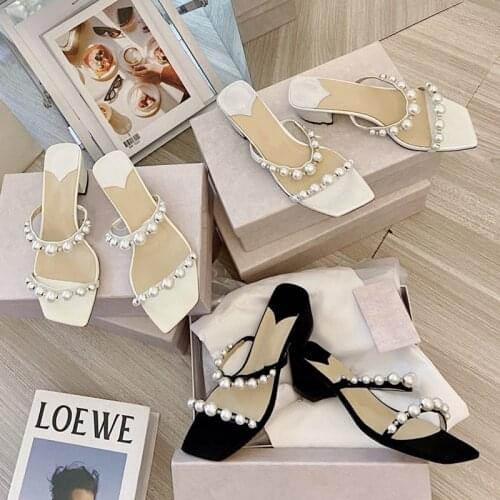 2021 New Pearl Diamond Rough Heels Fashion Sandals Girl Slippers