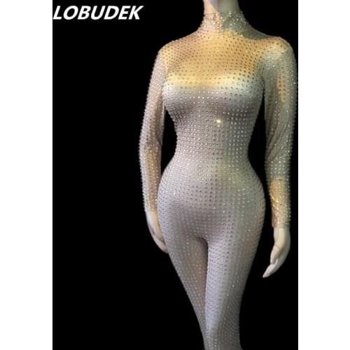 Full Rhinestones Skin Color Mesh Elastic Jumpsuit Sexy Nightclub Bar Female Singer DJ Pole Dancing Costume Party Show Stage Wear