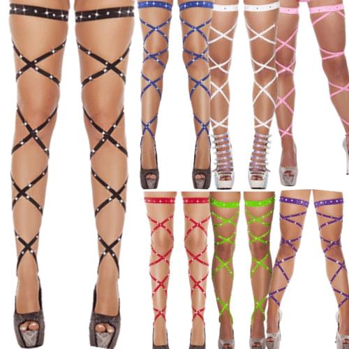 Sexy Women Bandage Fishnet Stockings Thigh-High Crystal Studded Thigh High Leg Rave Wraps Strappy Rhinestone Tights