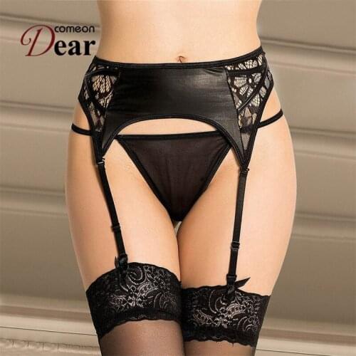 Comeondear Sexy Faux Leather Black Transparent Belt Womens Underwear High-Rise Print Plus Size Garter Panties And Thongs PB5118