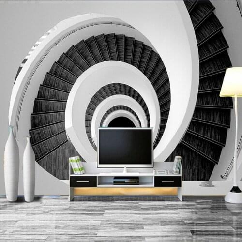 Modern Creative 3D Black and White Swirl Stairway Photo Mural Wallpapers for Living Room Bedroom Stylish Wall Papers Home Decor