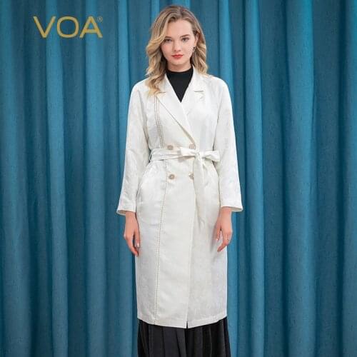 VOA Silk 38m/m off-White Jacquard Lapel Strap Waist Hugging Raglan Long Sleeve Arch Stitch Craft Double-breasted Trench Coat FE1
