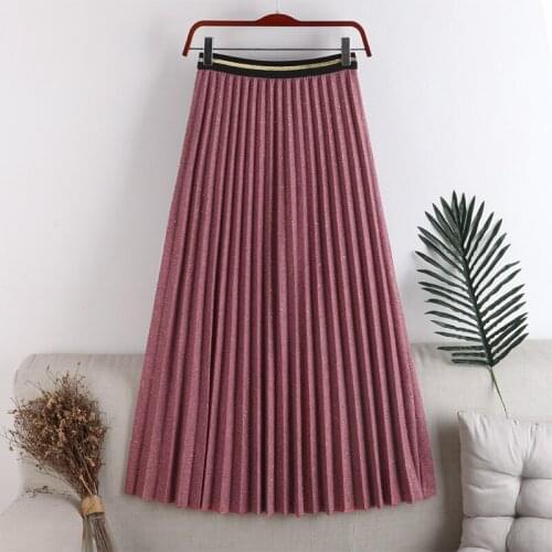 2020 autumn and winter new Pleated glitter skirt Women Long Metallic Silver Pleated Skirt High Waist Elascity Casual Party Skirt