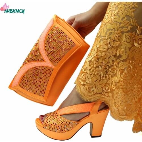 Sexy Style INS Hot Sale African Ladies Shoes Matching Bag in Orange Color Elegant Women Comfortable Heels Sandals