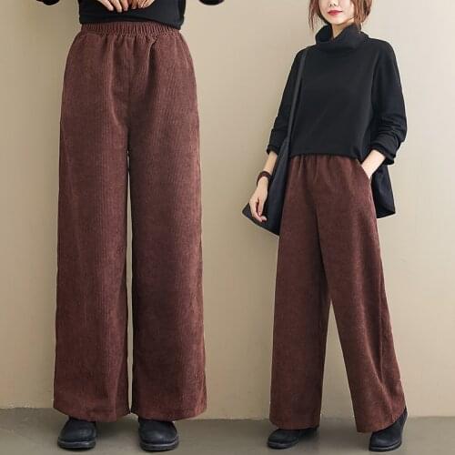 Women Elastic Corduroy Pant For Autumn High Waist Vintage Wide Leg Pants Loose Solid Oversized Trouser pantalones de mujer