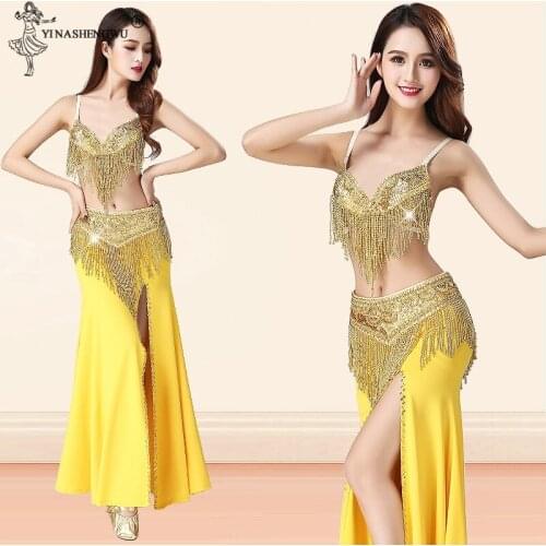 Belly Dance Performance Costume 3pcs Set Women Indian Dance Split Skirt Beaded Sequin Tassel Bra Belt Oriental Dance Costume