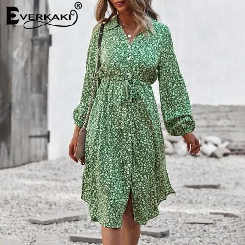 Everkaki Boho Floral Print Midi Shirtdress Women Summer with Belt Long Sleeve Oversized Elegant Shirt Dress Female 2021 Autumn