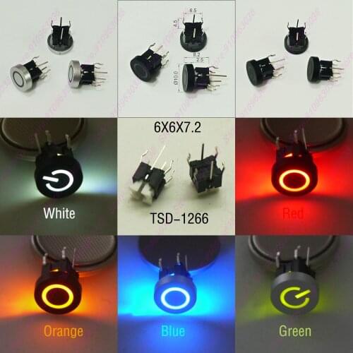 10PCS 6X6X8.2mm With Led Power Ring Logo Black Plastic Cap 6PIN DIP Momentary Tact Button Top Round Head Indication Push Button