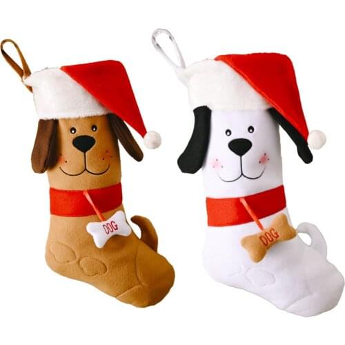 10 PCS Christmas Stocking Embroidered Dog with Santa Hat Pattern Xmas Tree Hanging Pendant Ornament Gift Bag Wholesale XB