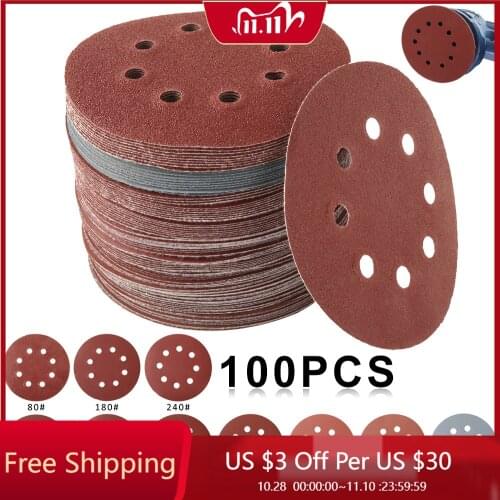 100pcs Sandpaper Round Shape 125mm Sanding Discs Car Hook Loop Sanding Paper Buffing Sheet Sandpaper 8 Hole Sander Polishing Pad