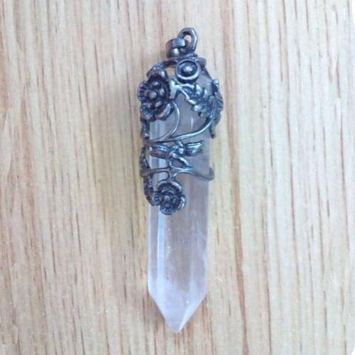 100-Unique Popular Copper Hexagonal Prism Natural Rock Crystal Inlay Flower Leaf Pendant Fashion Jewelry