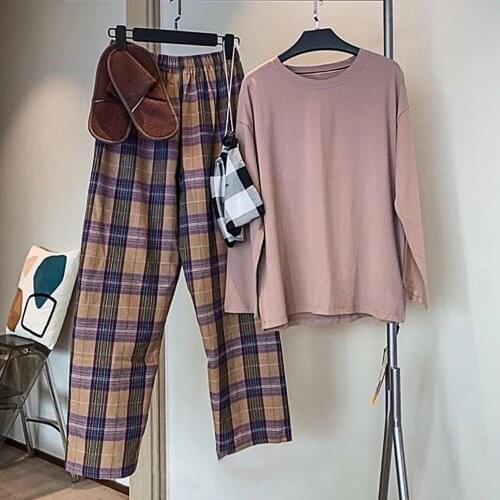2020 Winter Pajamas Set Women Sleepwear O-neck Cotton Plaid Pajamas Set Breathable Warm Blouse Pants 2 Pieces Pyjamas Homewear