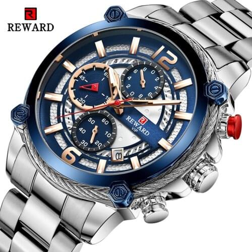 REWARD Big Dial Watch Top Brand Men Watches Waterproof Chronograph Sport Quartz Stainless Steel Wristwatch Relogio Masculino