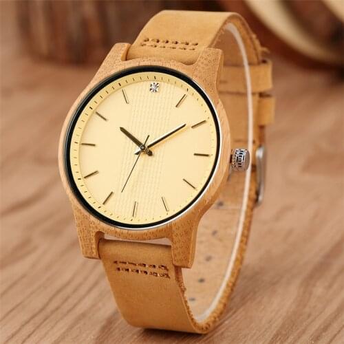 Trendy Yellow Dial Women Watch Minimalist Wooden Watches Rhinestone Display Quartz Timepiece Brown Genuine Leather Female Clock