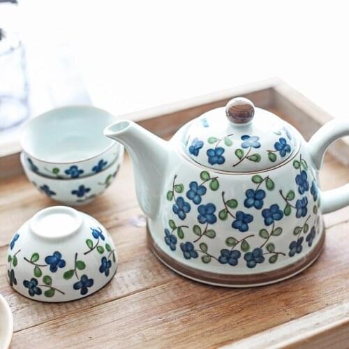 Four leaf grass tea set Japanese style teapot teacup ceramics one pot five cups wood tray set kungfu teaware