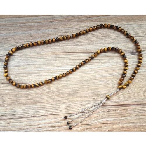 New 8 x 6mm Natural Tigers Eye Stone 99 Prayer beads Islamic Muslim Tasbih Rosary Misbaha bead for Famliy friend present gift