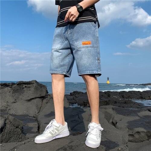 Denim shorts mens summer loose straight thin section trend seven-point pants mens wild casual five point pants