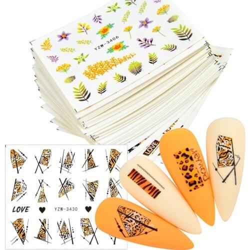 Geometry Leaves Design Summer Flowers Nail Sticker Decals Leopard Print Water Transfer Slider For Nails Art